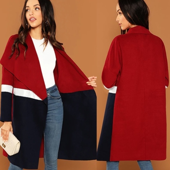 Fierce Broad Jackets & Blazers - Red & Navy Color Block Long Cardigan
